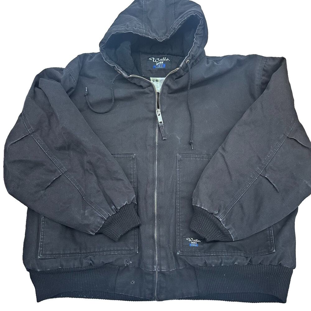 Vintage Walls Work Wear Jacket Mens 2XL Black Duck Canvas Fleece Lined Hooded